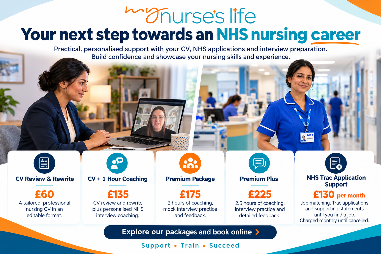 Nurse practising a virtual NHS interview with Helen Romnes on a laptop, alongside the same nurse wearing a royal blue nursing uniform.